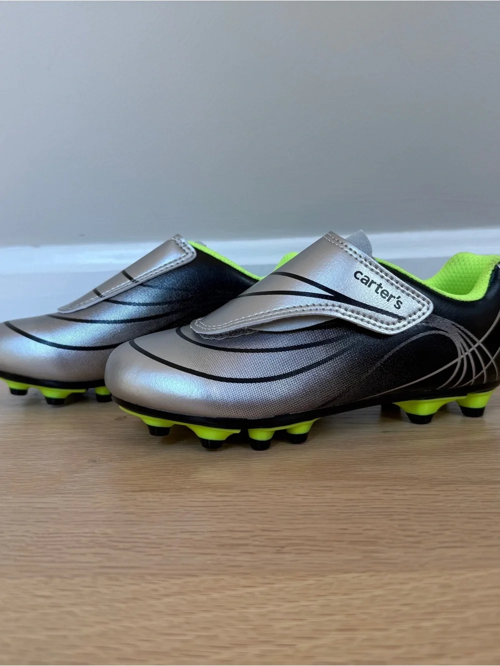 NEW Carter's Kids Soccer Shoes Size 12 Silver/Neon Green Velcro Straps